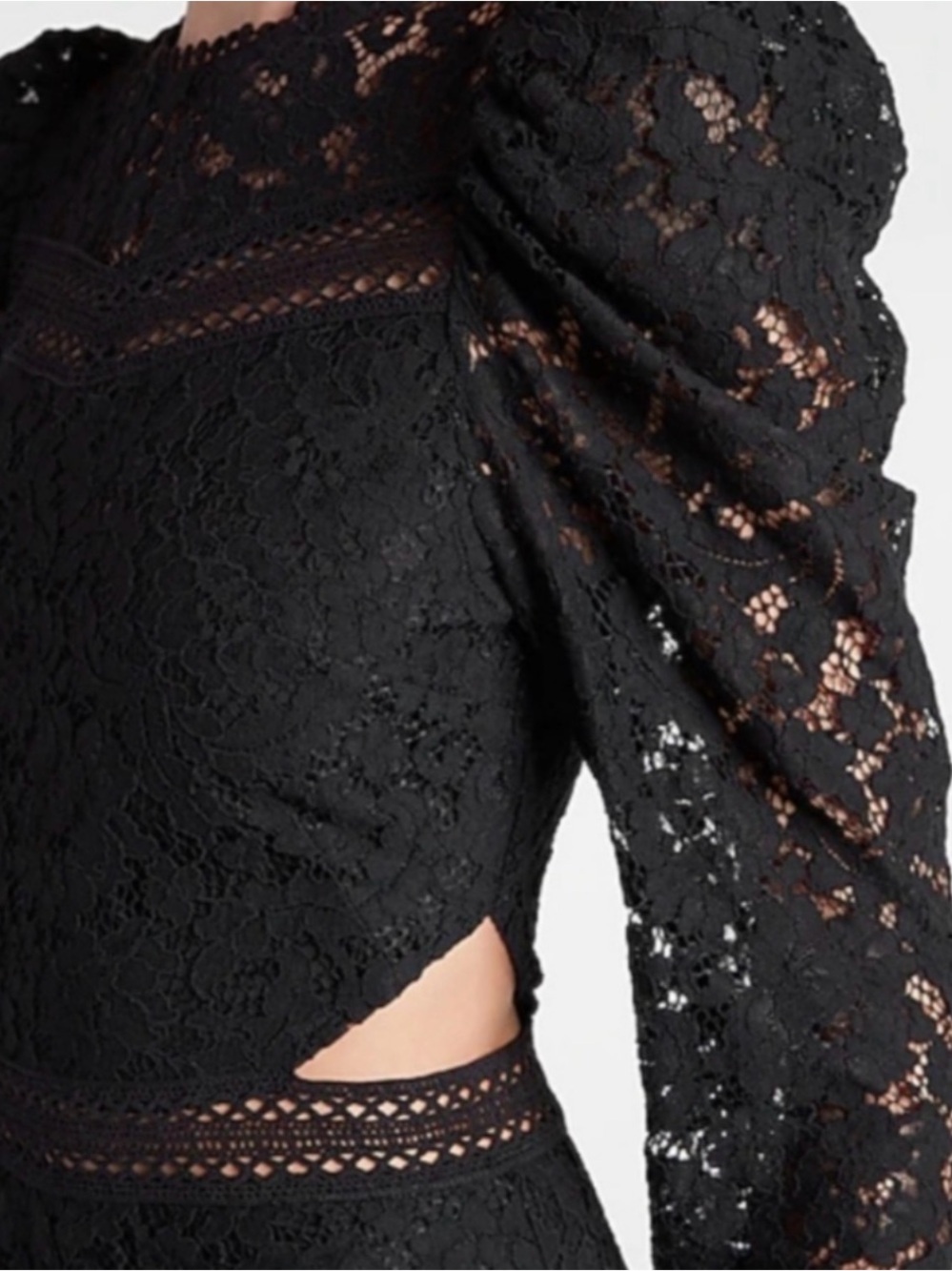 Express Black Lace Long-Sleeve Puff Dress with Waist Cutouts - Picture 3 of 12